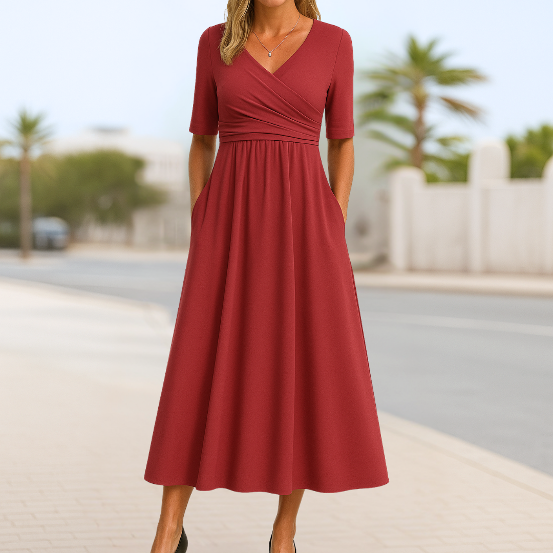 Énora™ – Elegante Korte Mouwen Jurk met Kruisdecolleté