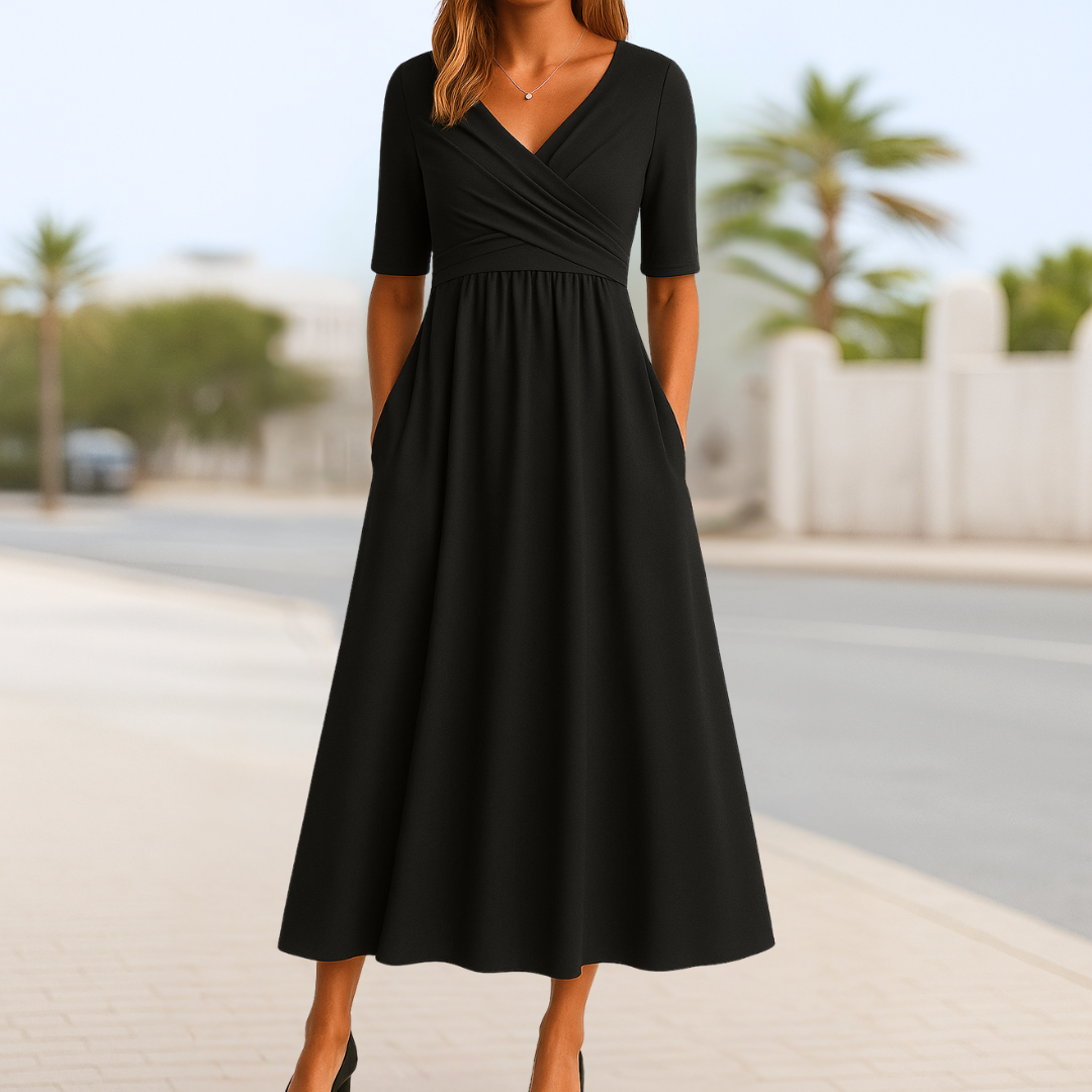 Énora™ – Elegante Korte Mouwen Jurk met Kruisdecolleté