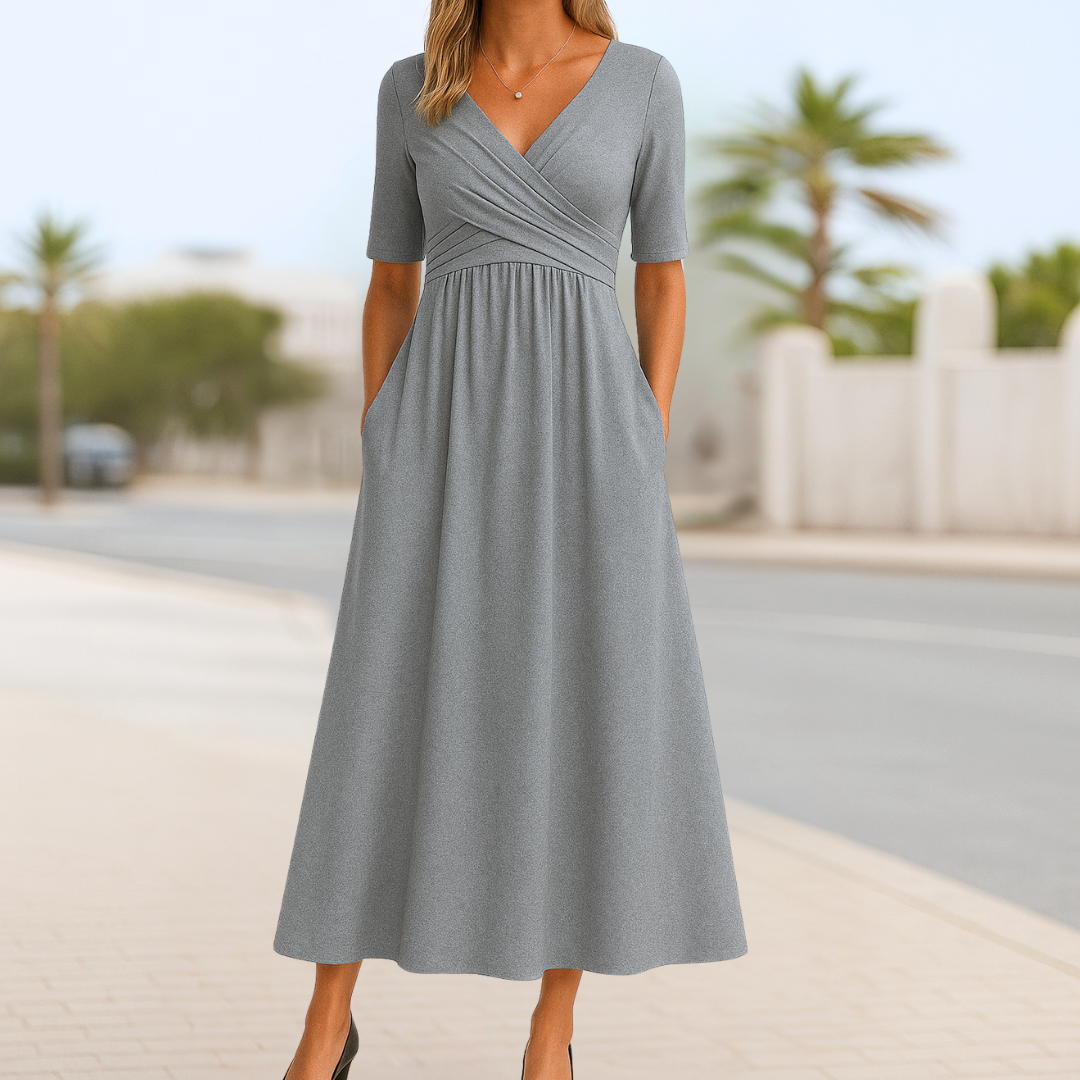Énora™ – Elegante Korte Mouwen Jurk met Kruisdecolleté