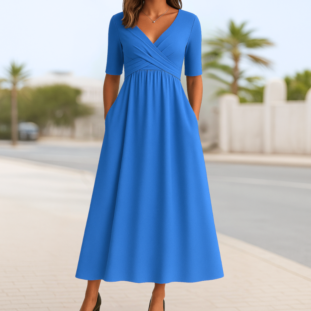 Énora™ – Elegante Korte Mouwen Jurk met Kruisdecolleté