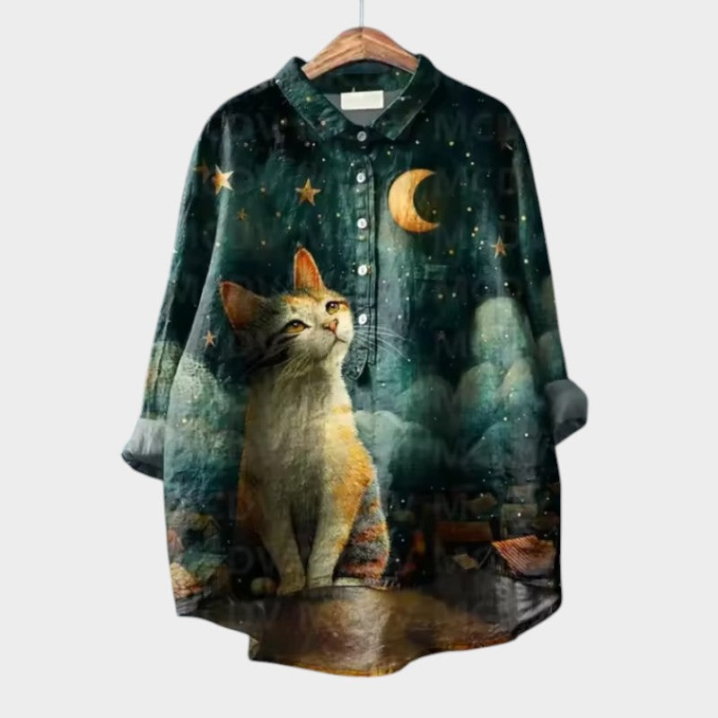 Viviana – Aquarelblouse met kattenprint