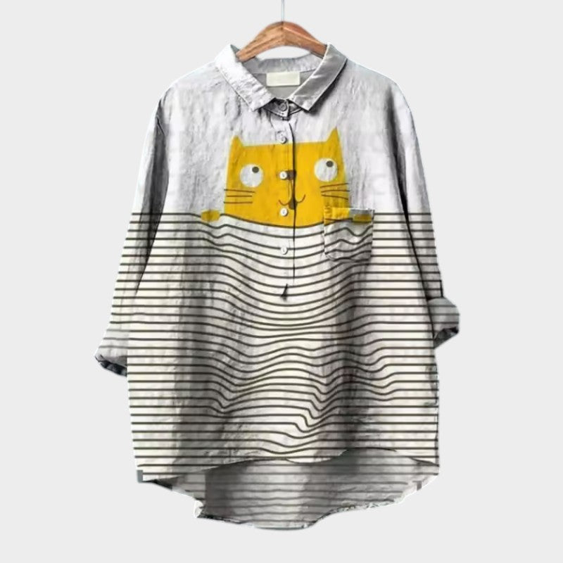Viviana – Aquarelblouse met kattenprint