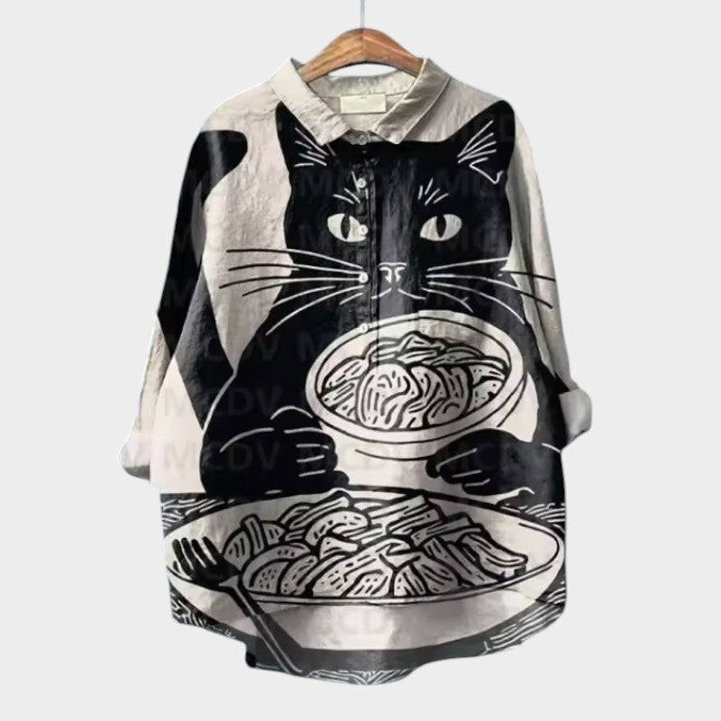 Viviana – Aquarelblouse met kattenprint