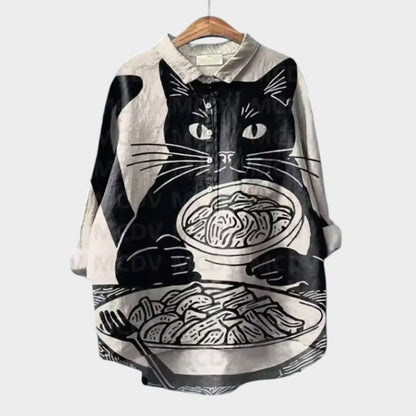 Viviana – Aquarelblouse met kattenprint