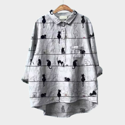 Viviana – Aquarelblouse met kattenprint