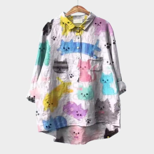 Viviana – Aquarelblouse met kattenprint