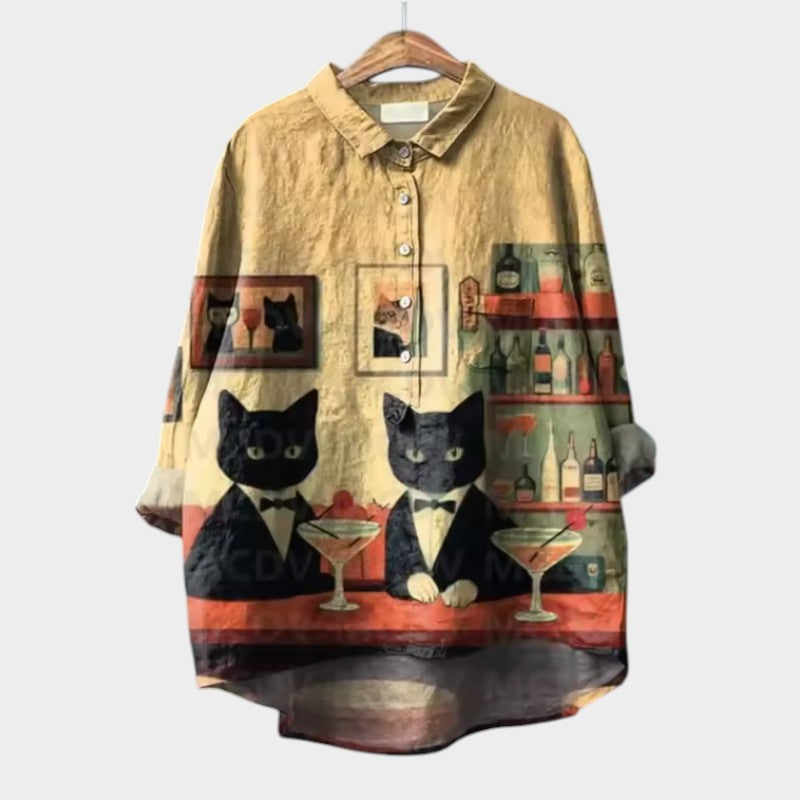 Viviana – Aquarelblouse met kattenprint