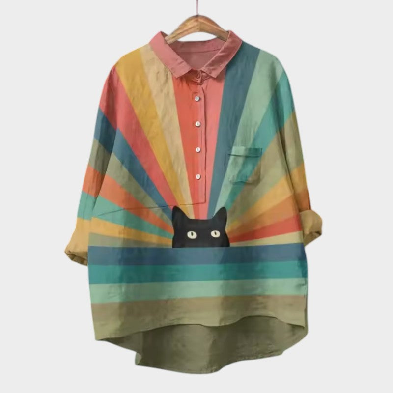 Viviana – Aquarelblouse met kattenprint